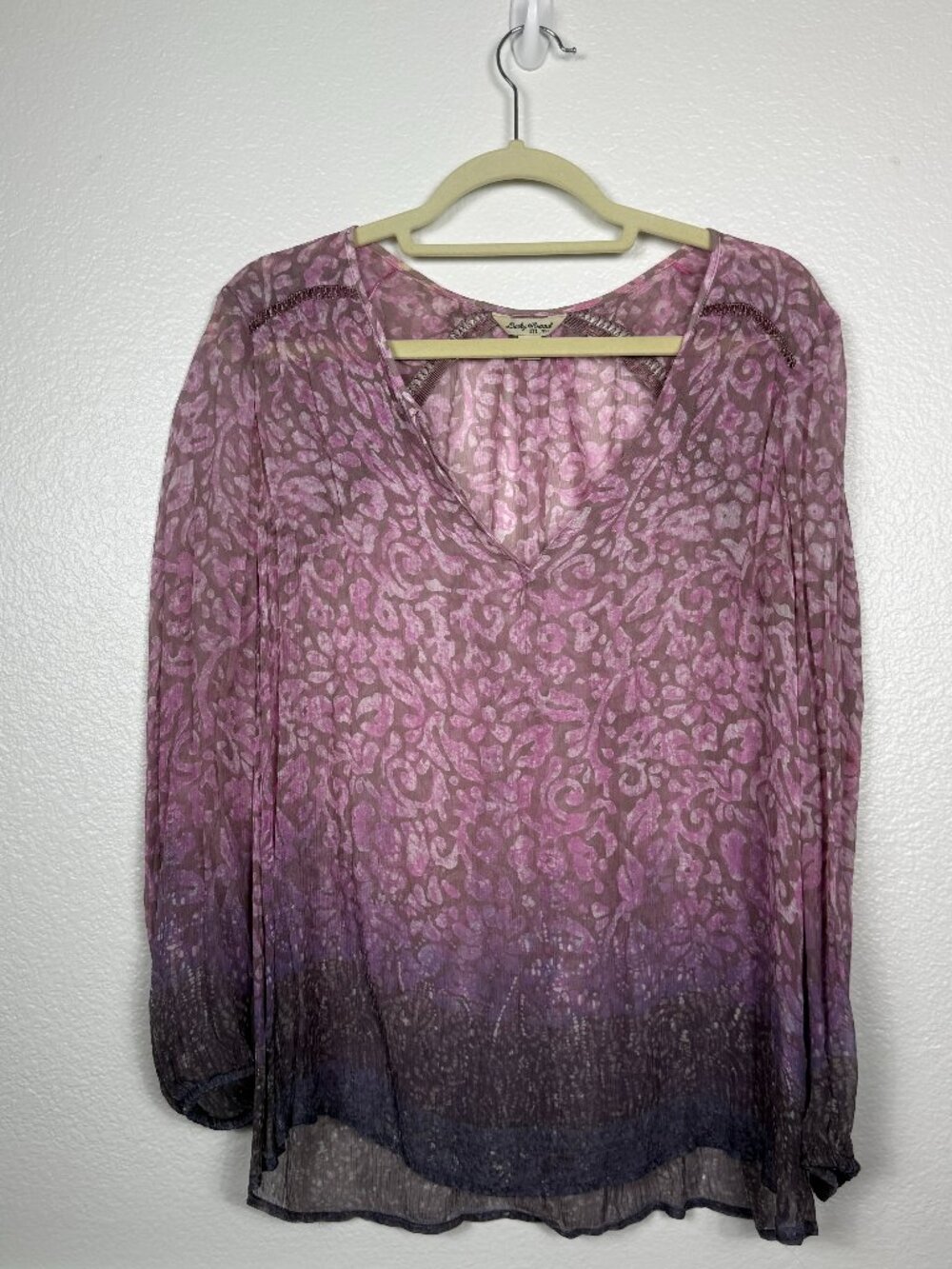 Lucky Brand Purple Printed Floral Sheer Long Sleeve Blouse - Size S - V-neck